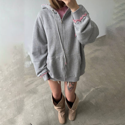 Damen Hoodie Oversized mit Fransen Bequem Grau Eveloria