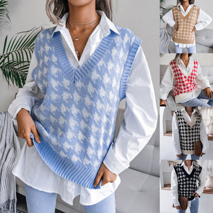 Damen Rippstrick-Weste V-Ausschnitt Hahnentritt-Design - Eveloria