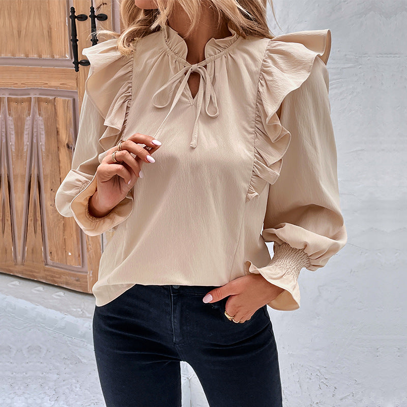 Damen Bluse Rüschendetails Schleifen-Ausschnitt Eveloria - Eveloria