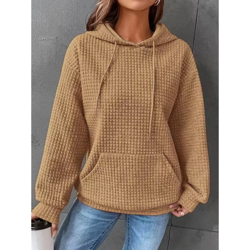 Damen Waffelpullover mit Kapuze und Kängurutasche Grau