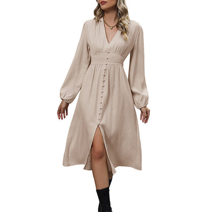 Damen Midikleid V-Ausschnitt Knopfdetails Eveloria