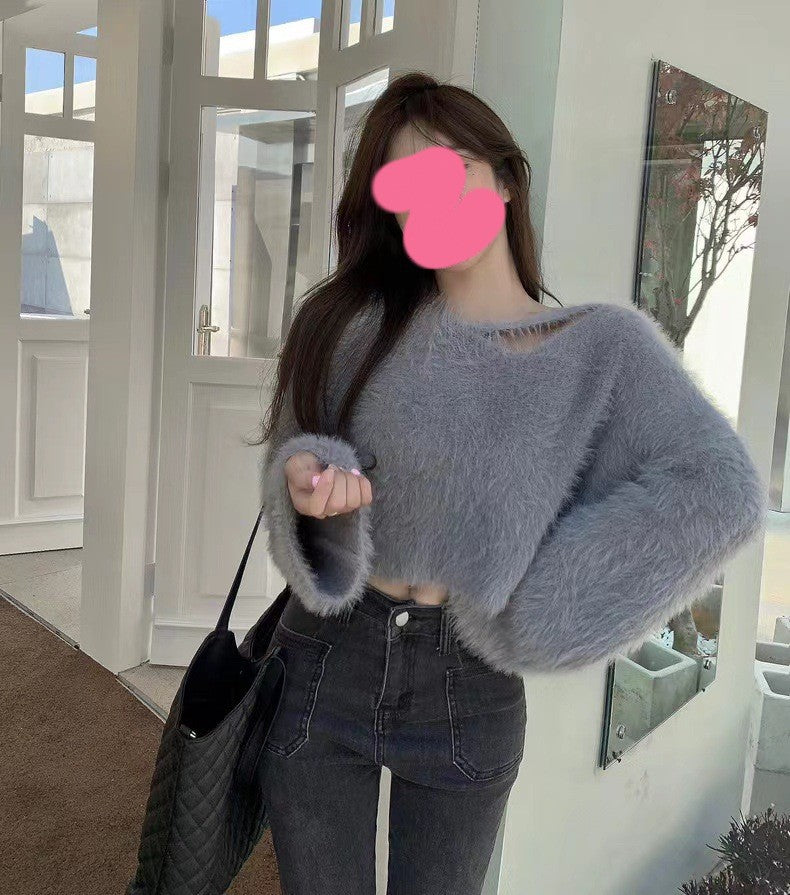Damen Cropped Pullover Flauschig Weiches Strickmuster Grau