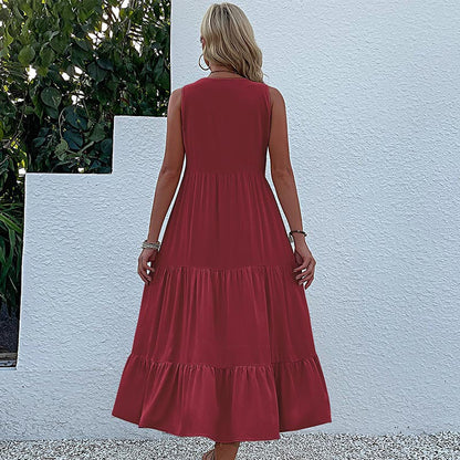 Damen Maxikleid Luftig Knöpfe Rüschensaum