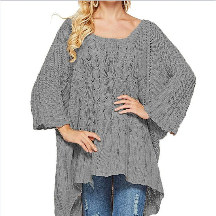Damen Grobstrick-Poncho Zopfmuster Weite Ärmel Beige