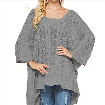 Damen Grobstrick-Poncho Zopfmuster Weite Ärmel Beige