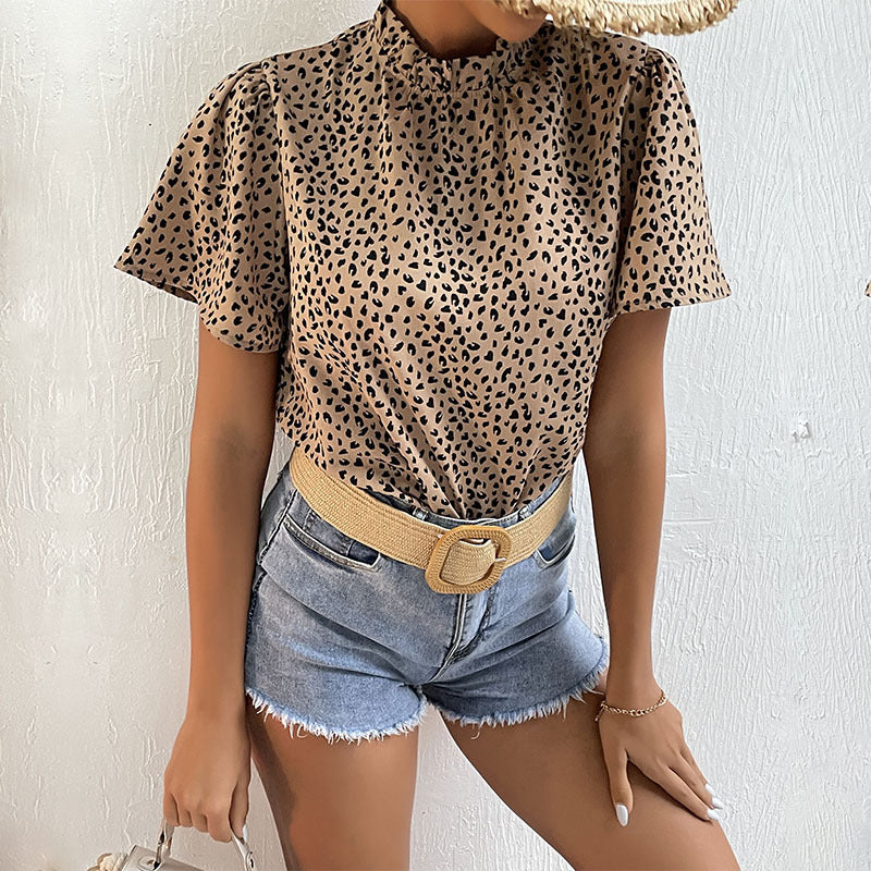 Damen Leopardenbluse Kurzarm Stehkragen Eveloria