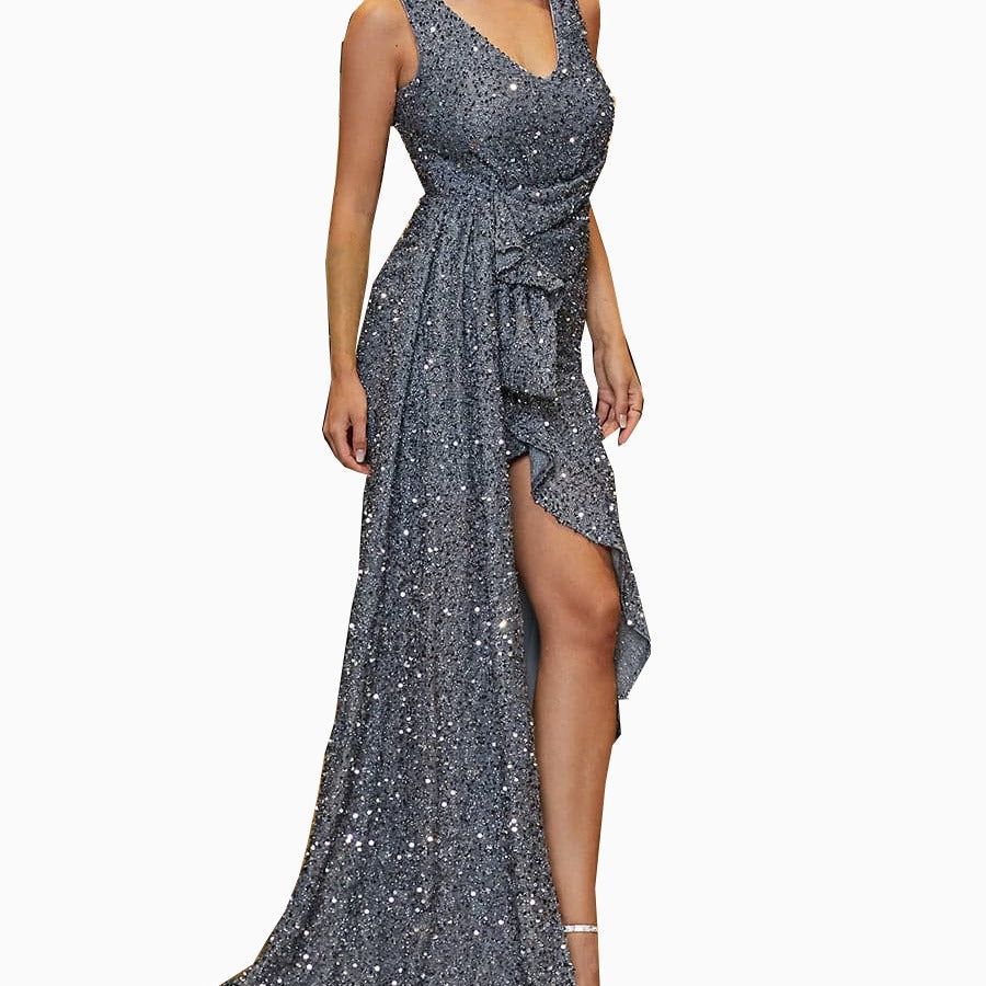 Damen Abendkleid Pailletten Asymmetrisch Schwarz Eveloria - Eveloria