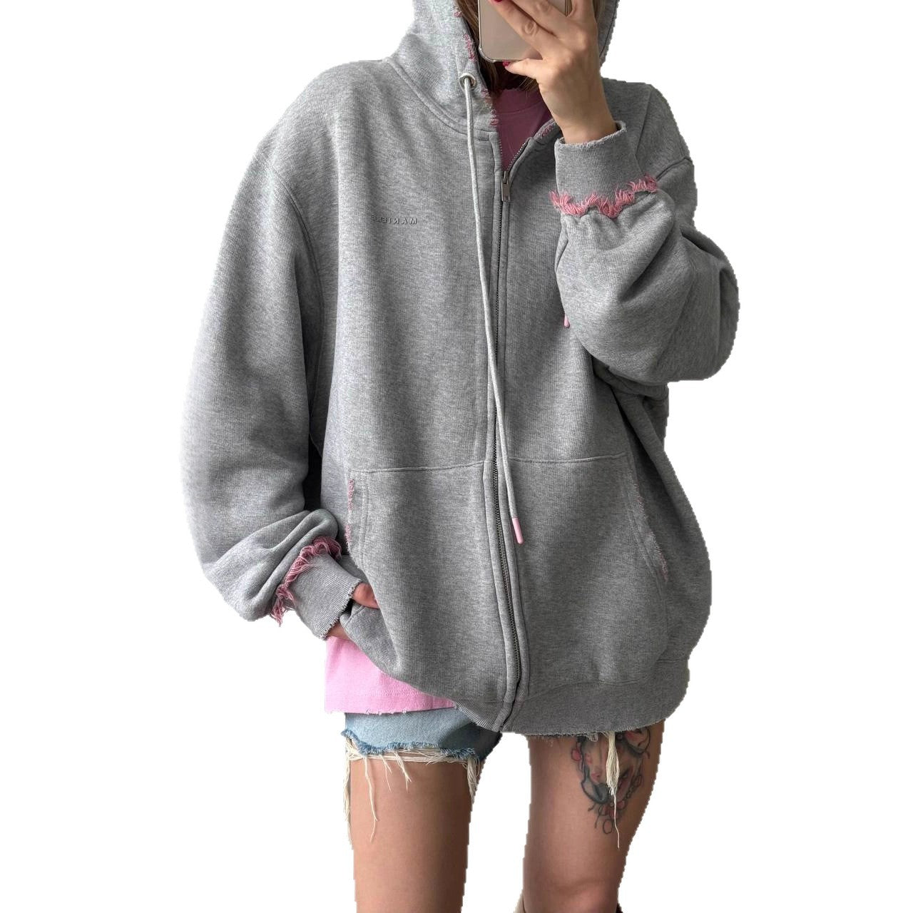 Damen Hoodie Oversized mit Fransen Bequem Grau Eveloria