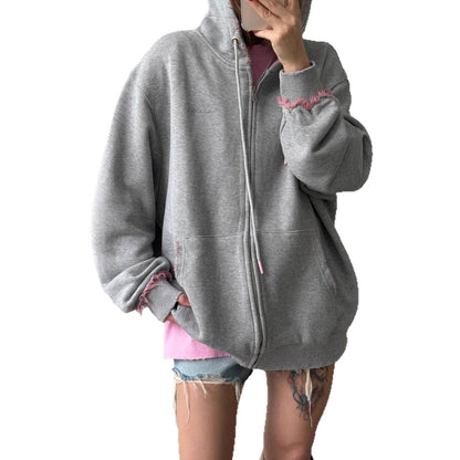 Damen Hoodie Oversized mit Fransen Bequem Grau Eveloria