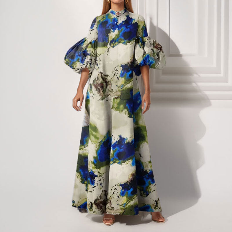 Damen Maxi-Kleid Volantärmel Abstrakt Muster - Eveloria