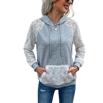 Damen Hoodie Spitzenärmel Kängurutasche