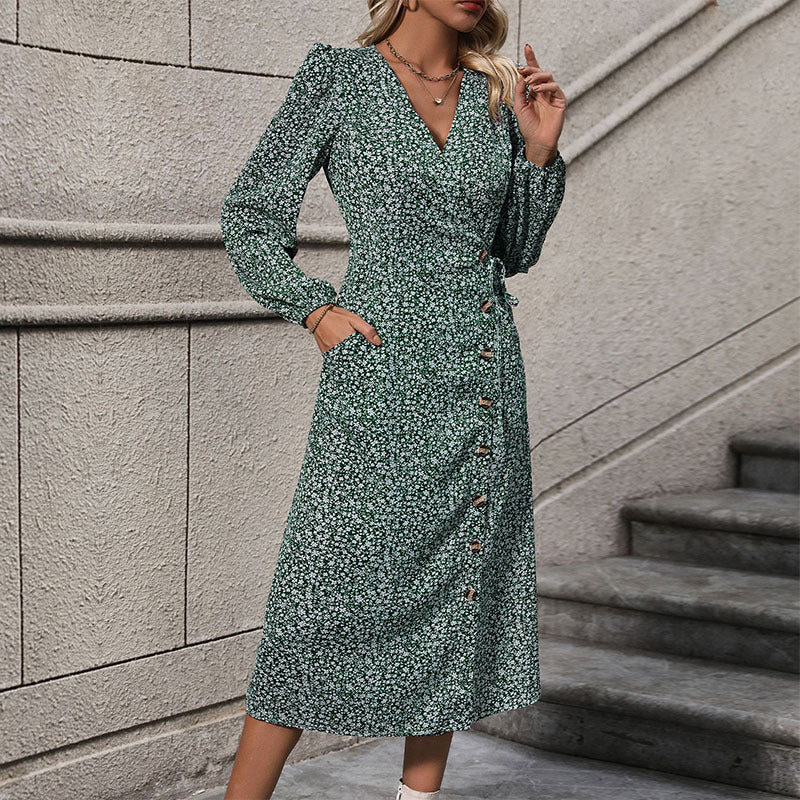 Damen Wickelkleid Florales Muster Knöpfe Eveloria - Eveloria