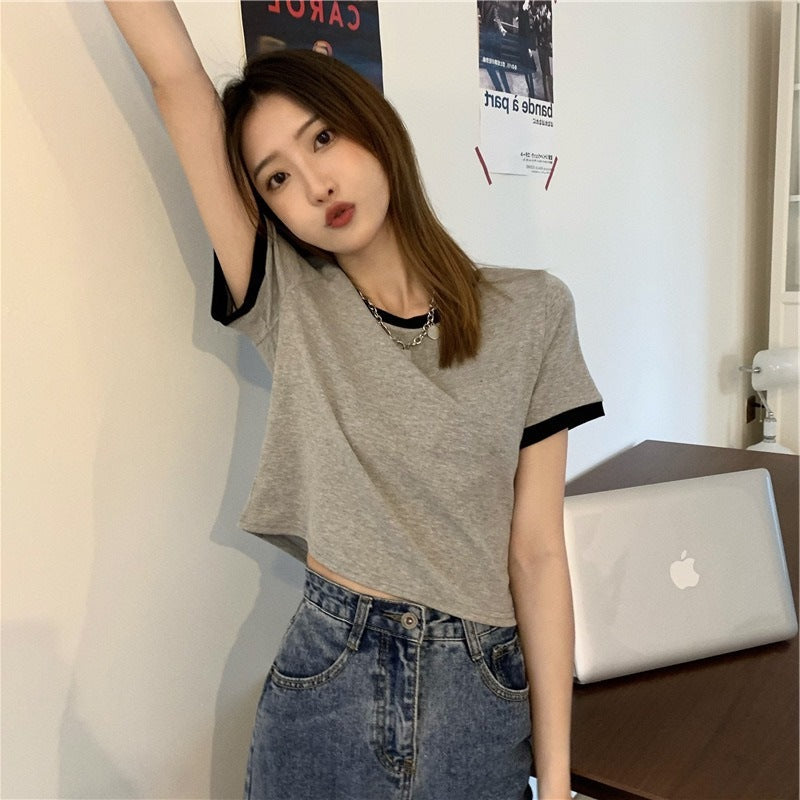 Damen T-Shirt Cropped mit Kontrastärmeln Moderner Schnitt