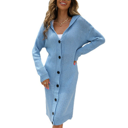Damen Strickjacke mit Kapuze und Knöpfen Lang Grobstrick Elegant