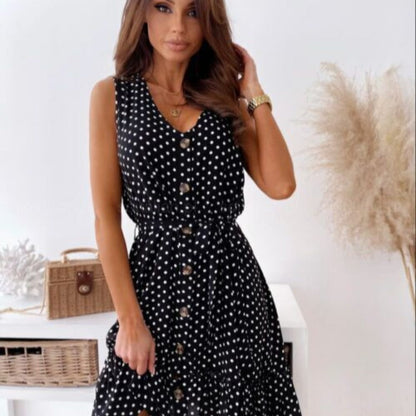 Damen Knielanges Sommerkleid mit Knöpfen und Gürtel