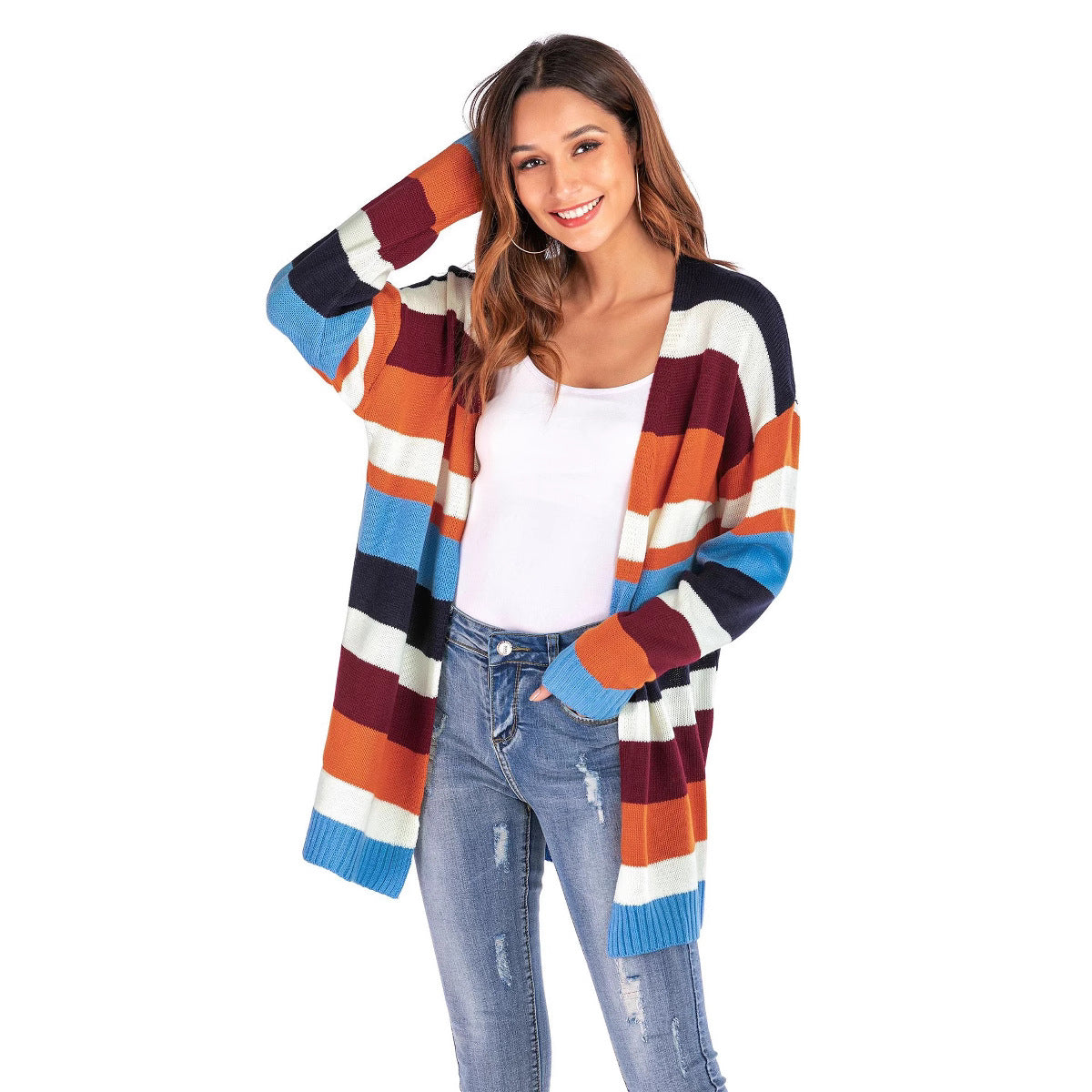 Damen Strickcardigan Lässig Streifen weiß Eveloria