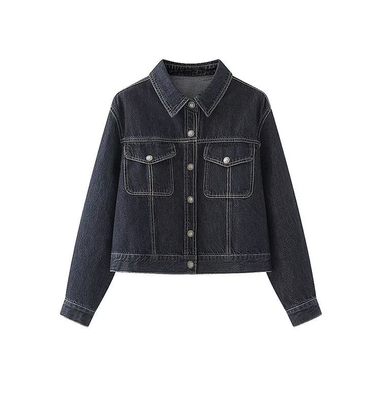 Damen Jeansjacke Klassischer Kragen 2 Brusttaschen Blau Eveloria