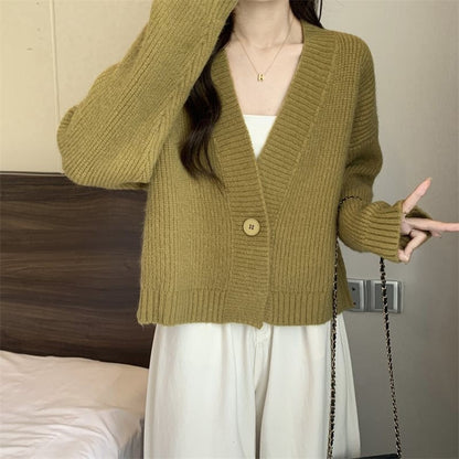 Damen Strickjacke V-Ausschnitt Großknöpfe Beige