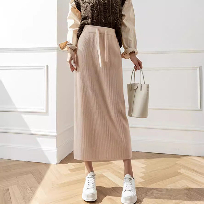 Damen Midi-Rock Elastischer Bund Taillierender Bindegürtel