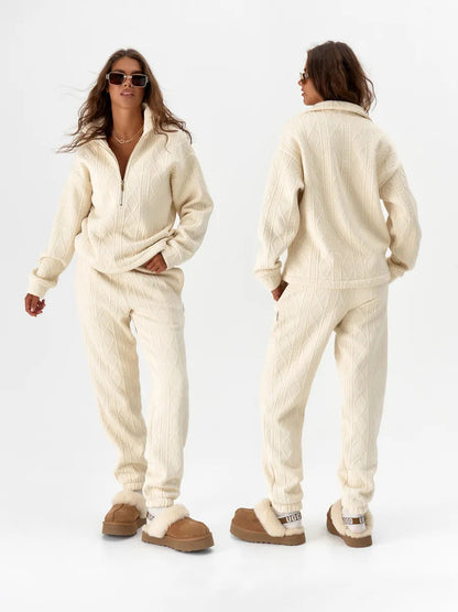 Damen Fleece-Loungewear-Set mit Reißverschluss Rippstruktur Eveloria