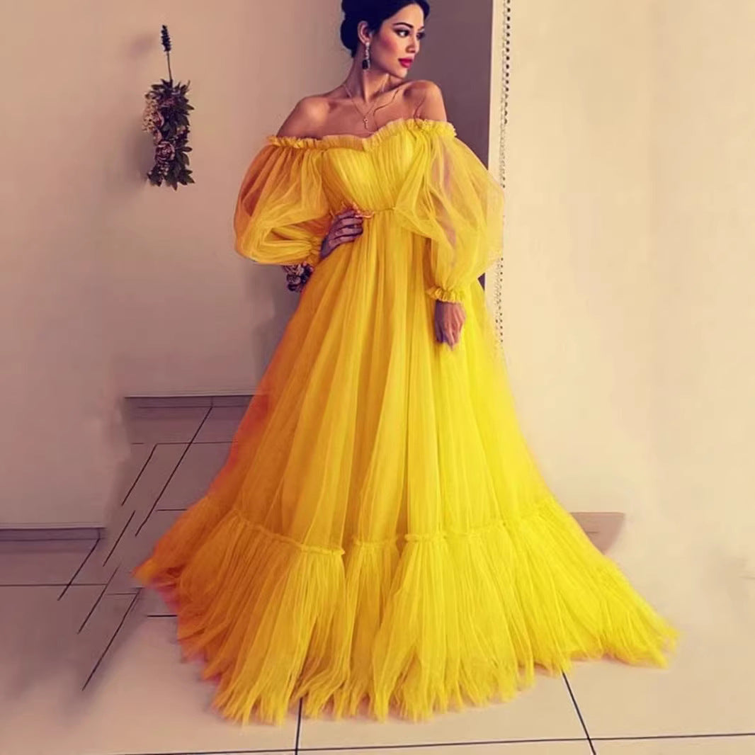 Damen Abendkleid Tüll Schulterfrei Voluminöse Ärmel Eveloria
