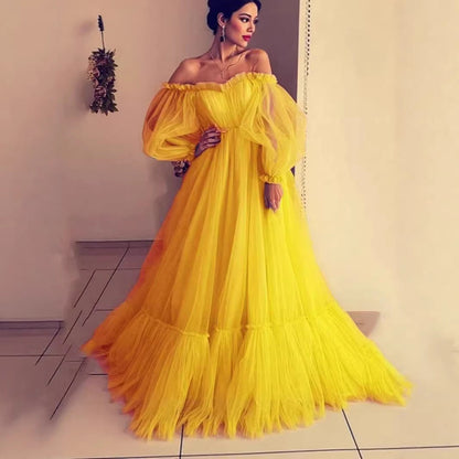 Damen Abendkleid Tüll Schulterfrei Voluminöse Ärmel Eveloria