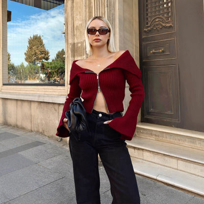 Damen Strickjacke Weites Ärmeldesign Reißverschluss Eveloria - Eveloria