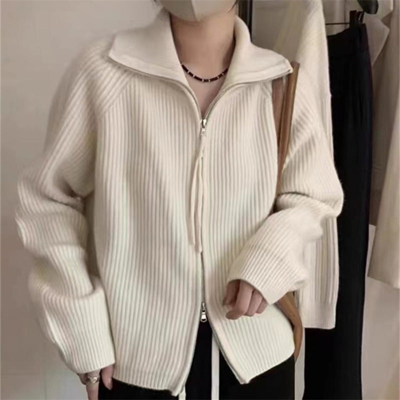 Damen Strickpullover Halbhohes Modell Mit Reißverschluss Beige