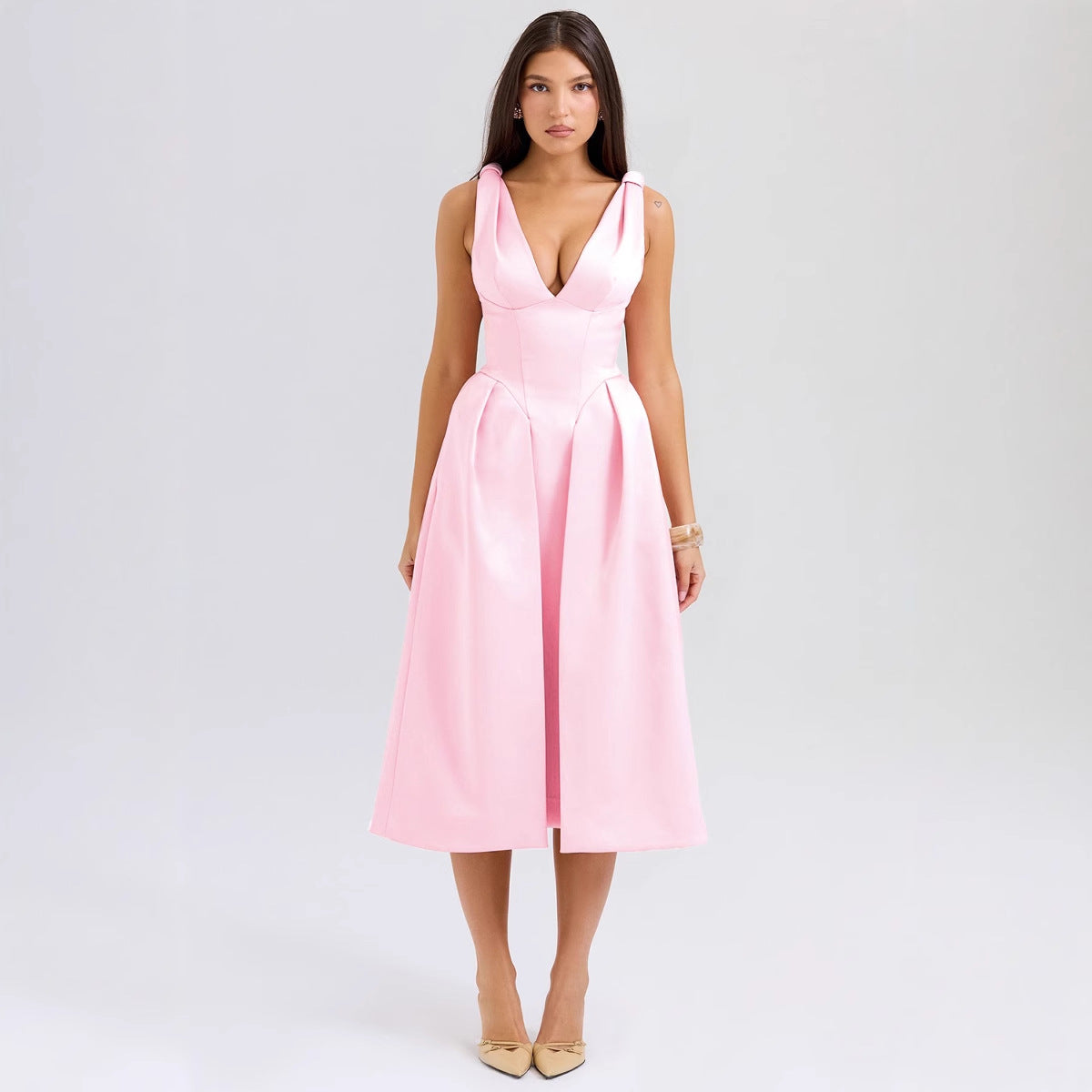 Damen Midikleid V-Ausschnitt Elegant Falten Eveloria