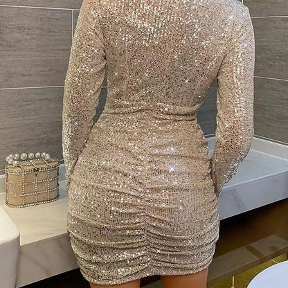 Damen Minikleid Glitzernd V-Ausschnitt Figurbetont