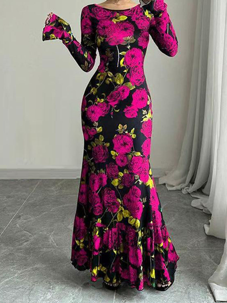 Damen Maxikleid mit Rüschendetails und langem Arm Floral Eveloria