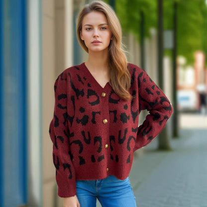 Damen Strickjacke Animalmuster Goldknöpfe Beige