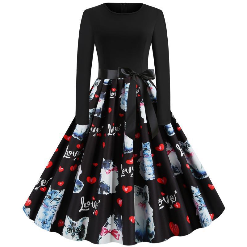 Damen Swingkleid Katzenmotiv Gürtel Elegantes Design