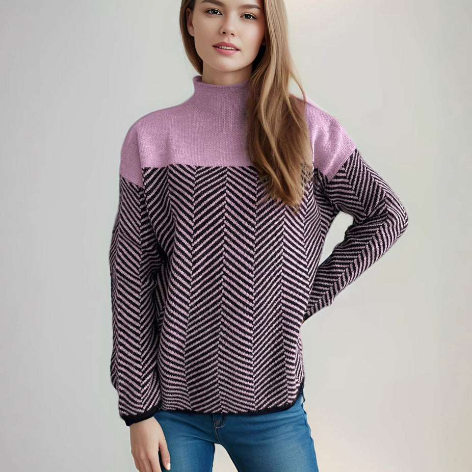 Damen Rollkragenpullover Fischgrätenmuster Elastisch Beige