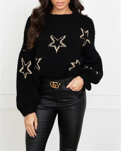 Damen Strickpullover Sternenmotiv Kuschelig Grau Eveloria