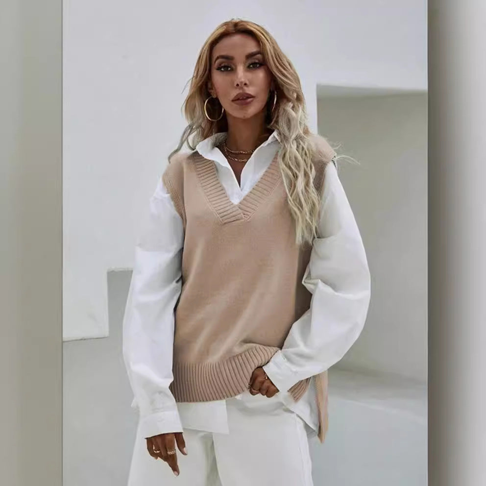 Damen Stricküberwurf V-Ausschnitt Lässig Beige - Eveloria