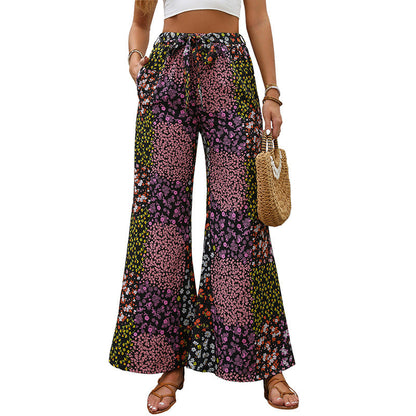 Damen Blumenhose Elastisch Weit mit Taschen