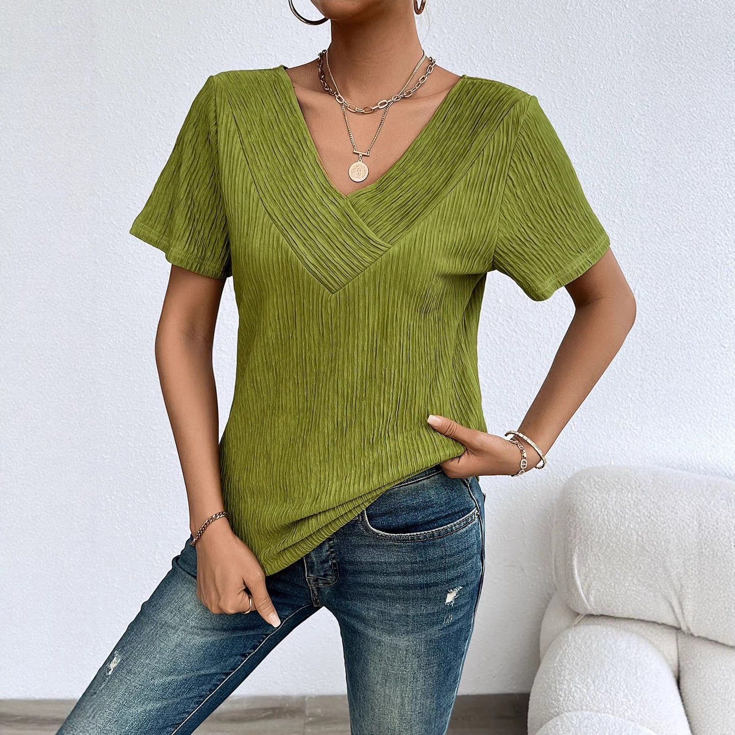 Damen T-Shirt V-Ausschnitt Plissiert Eveloria