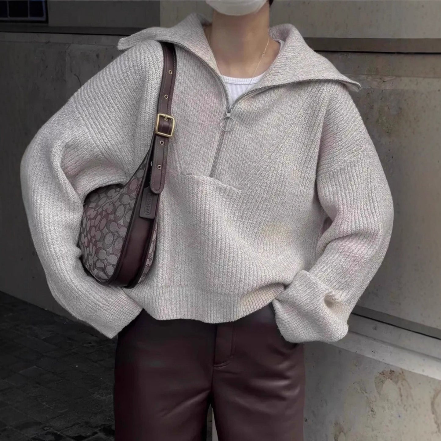 Damen Strickpullover Stehkragen Reißverschluss Grobstrick Eveloria