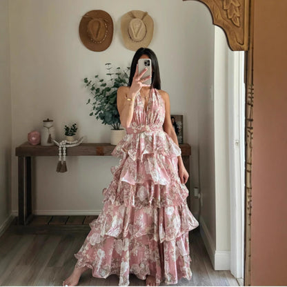 Damen Maxikleid Floraler Druck Mit Volants