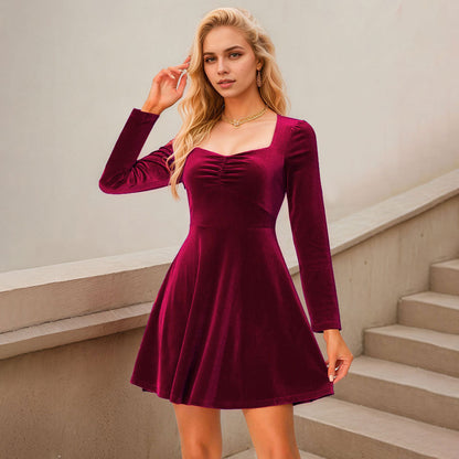 Damen Samt Minikleid Quadratischer Ausschnitt Langer Ärmel