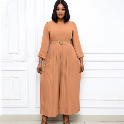 Damen Jumpsuit Plissee mit Gürtel und weiten Ärmeln Eveloria