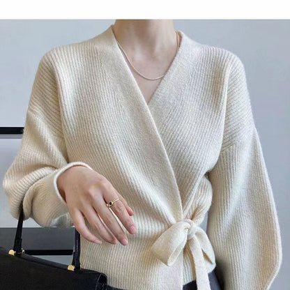 Damen Wickelpullover V-Ausschnitt Taillenzug Eveloria
