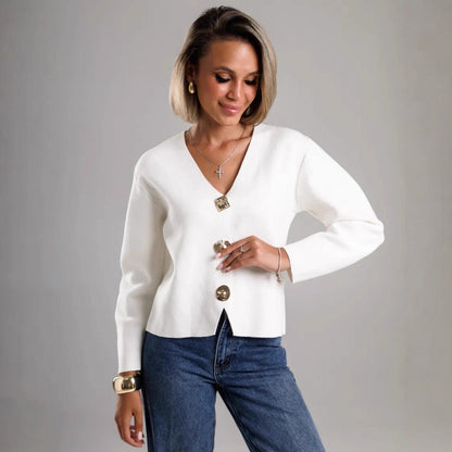Damen Strickjacke V-Ausschnitt Goldknöpfe Eveloria