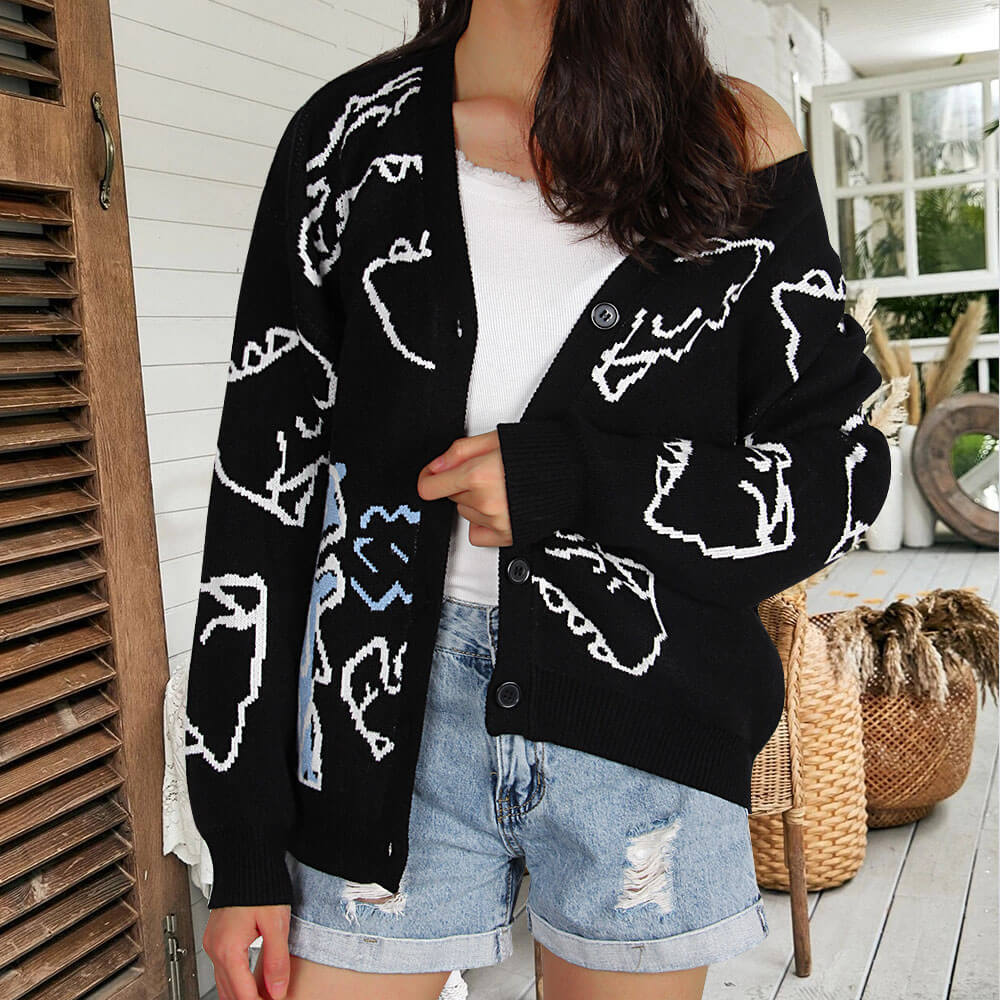 Damen Strickjacke Gemustert Dinosaurier Motiv Eveloria