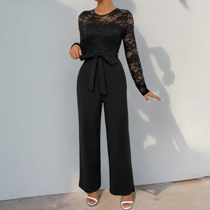Damen Jumpsuit Spitzenoberteil Taillengürtel Eveloria
