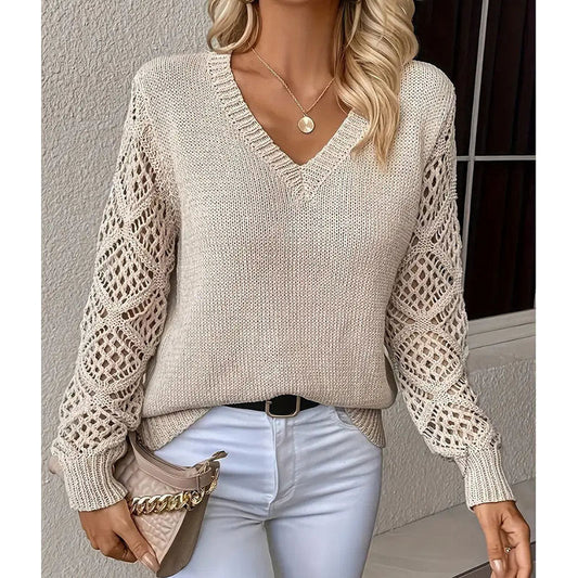 Damen Strickpullover V-Ausschnitt Lochmuster Eveloria - Eveloria