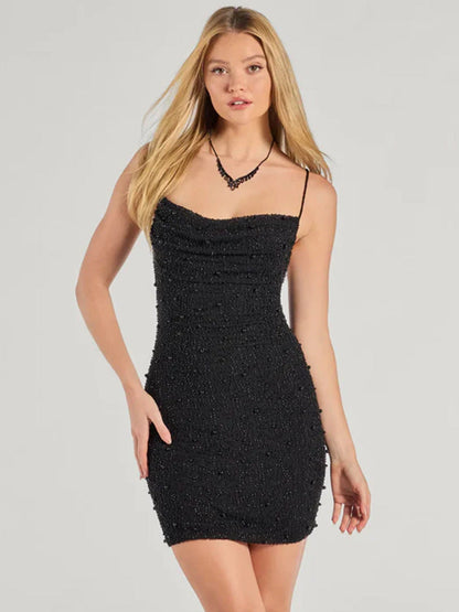 Damen Minikleid Figurbetont mit Perlen Spaghettiträgern