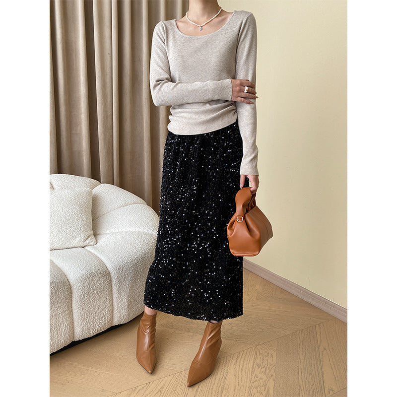 Damen Midirock Glitzer Effekt Elastischer Bund