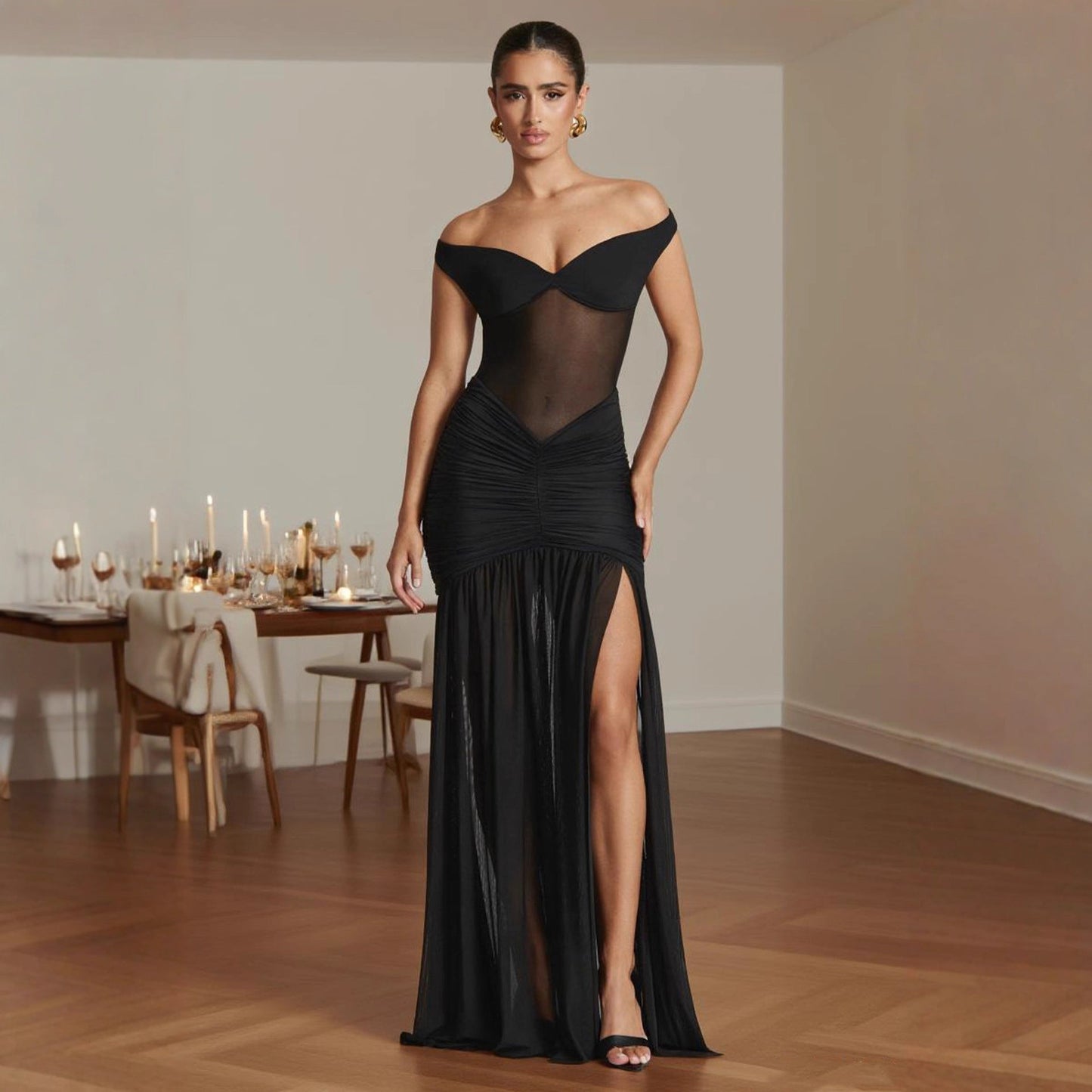 Damen Maxikleid Schulterfrei Raffung Eveloria